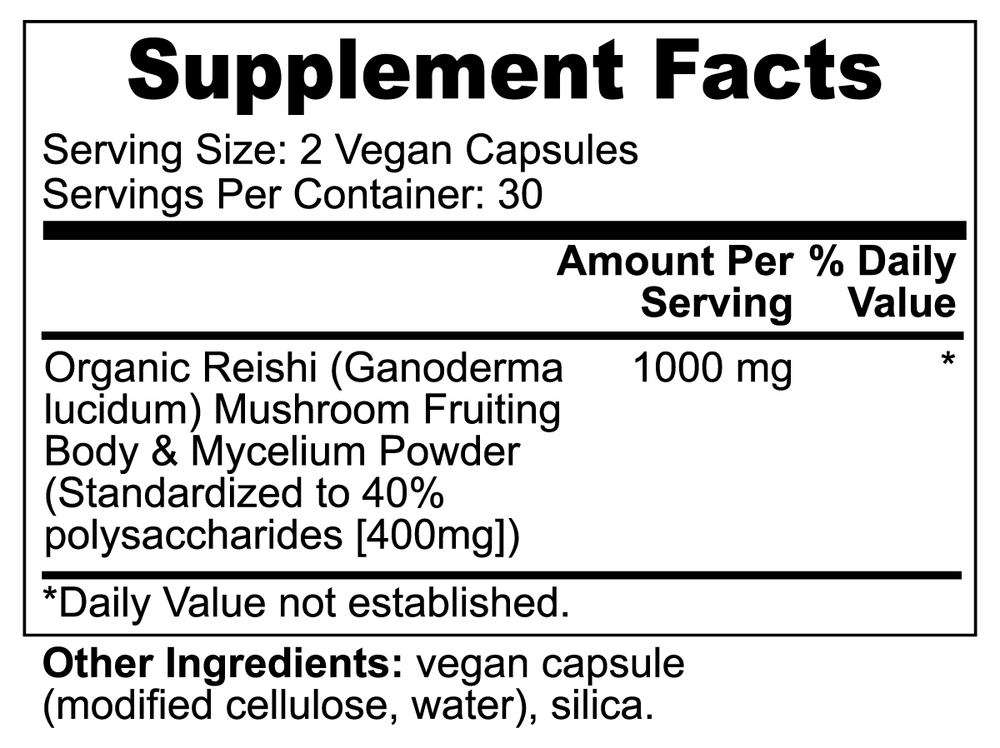 
                  
                    Load image into Gallery viewer, Organic Reishi Mushroom Capsule Supplement Facts
                  
                